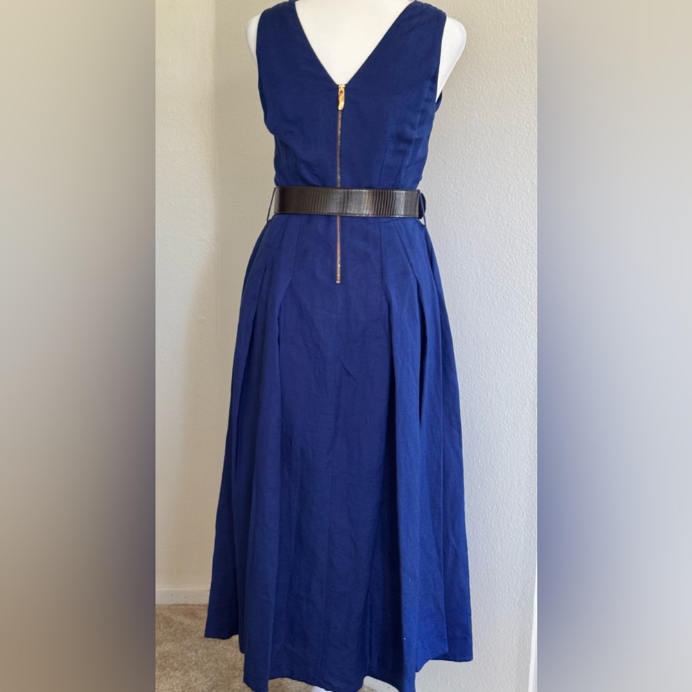 New Donna Karan Women’s V-Neck Sleeveless Belted Linen A-Line Blue Midi Dress - Picture 3 of 7